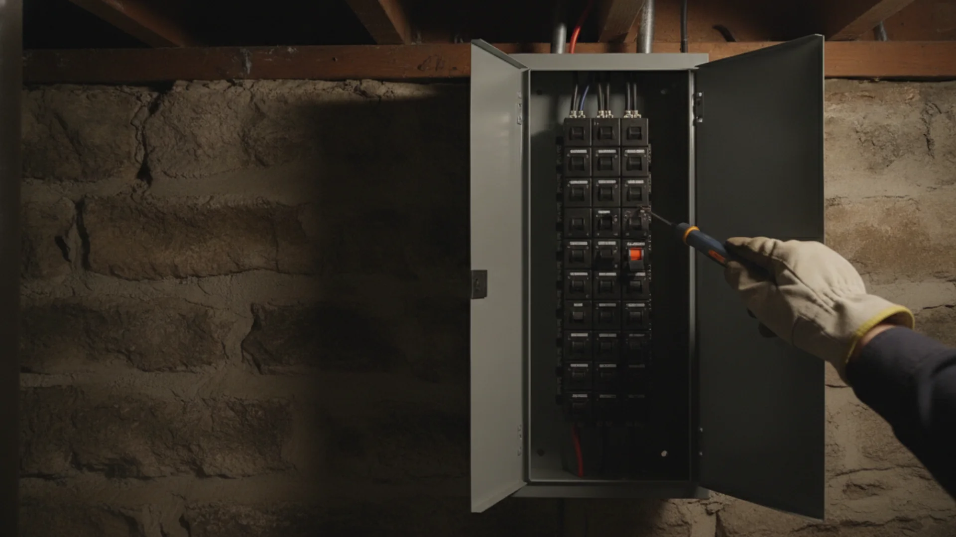 Electrician pointing a non-contact voltage tester at a row of circuit breakers in a residential panel