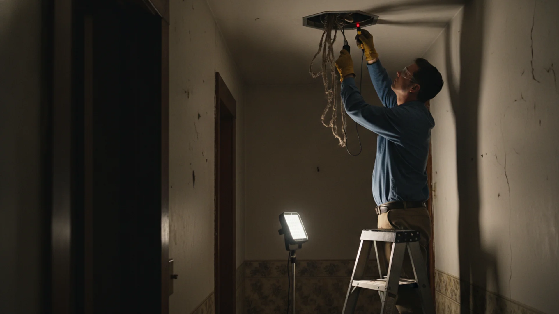 Electrician tracing a circuit with a voltage tester at an open junction box in the ceiling of an older Pennsylvania home