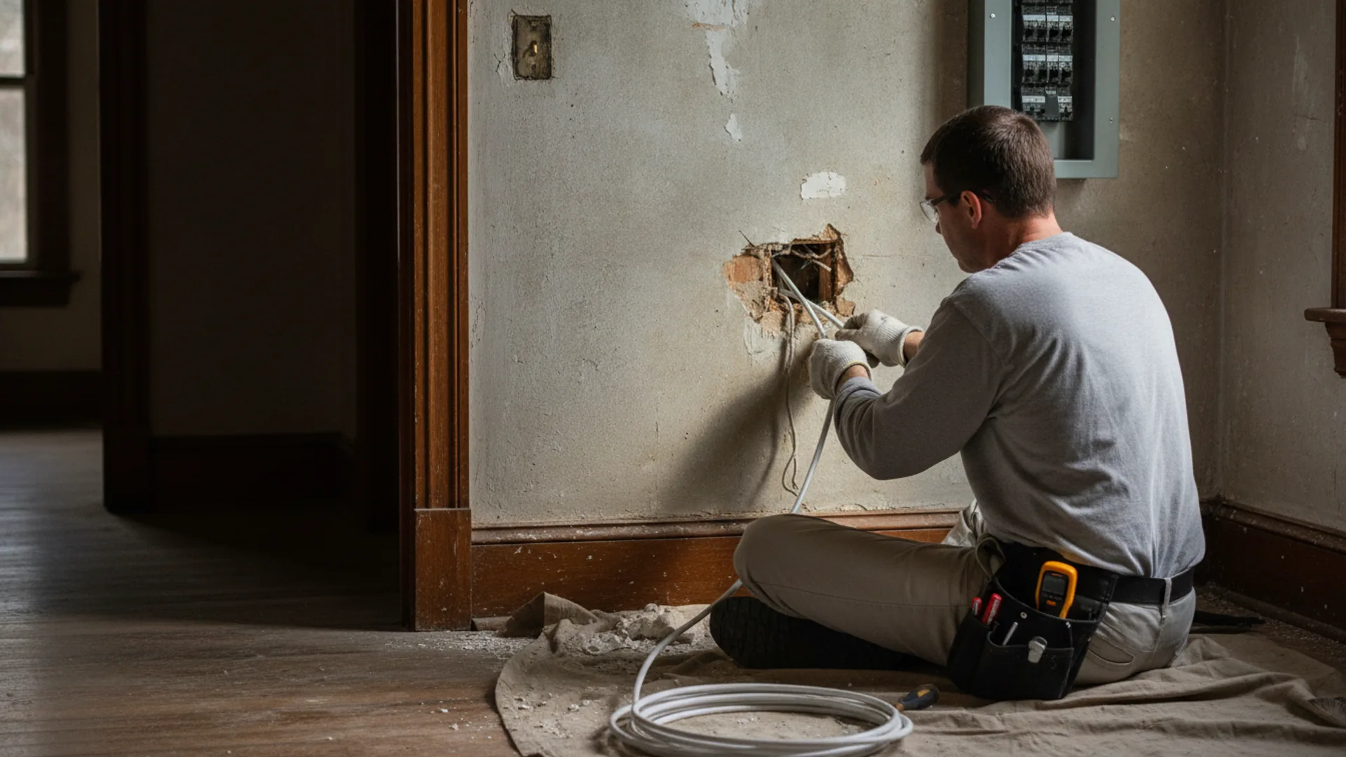 Electrician fishing new cable through an opening in a plaster wall in an older Pennsylvania house