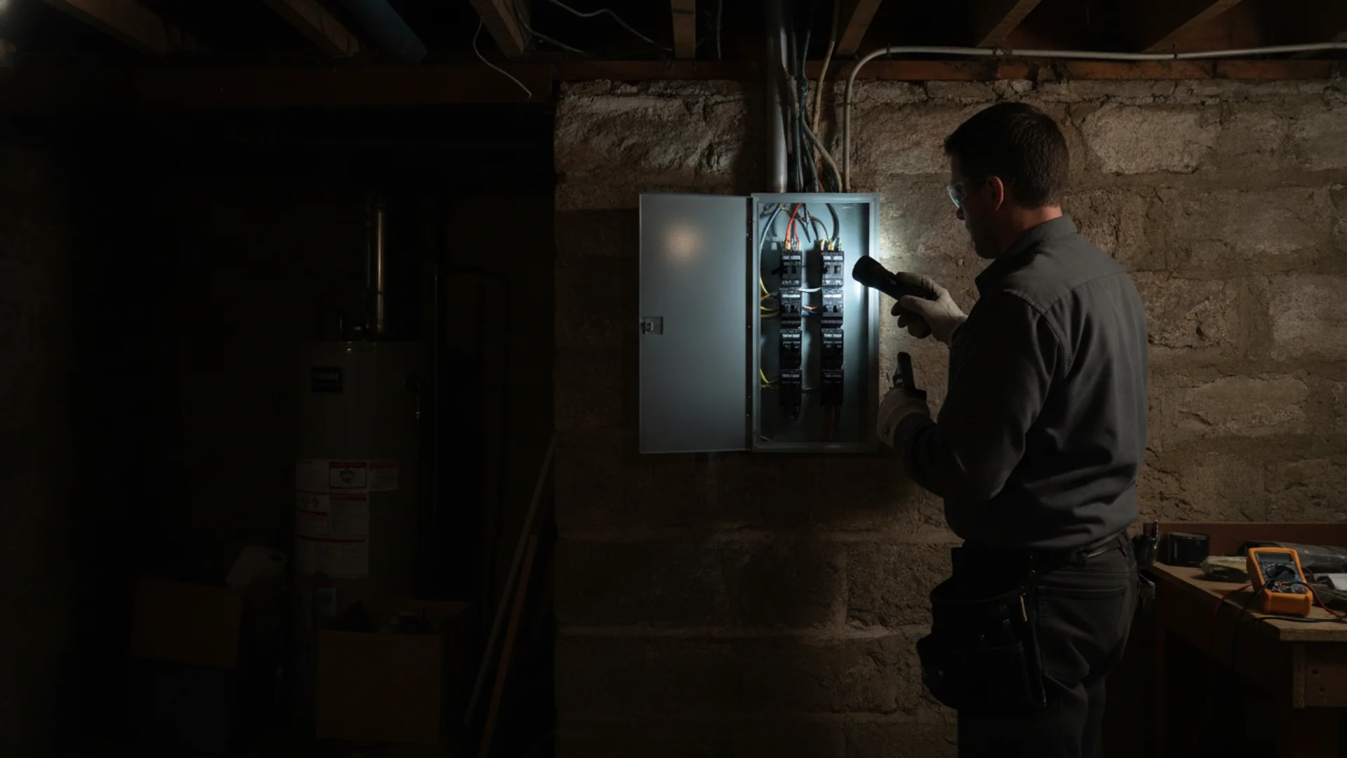 Electrician with a flashlight inspecting a residential breaker panel in a dark basement during a partial power outage