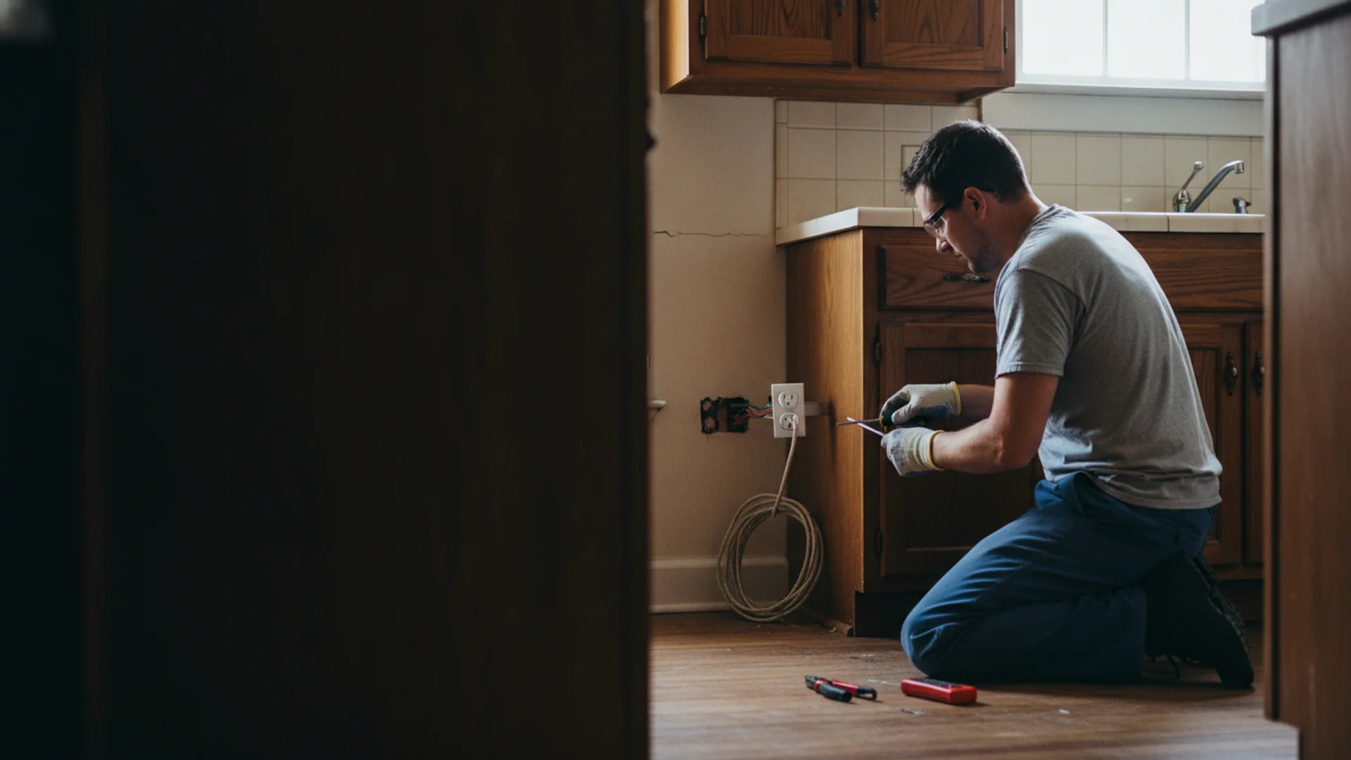 Electrician replacing a worn wall outlet with a new GFCI outlet in an older Pennsylvania kitchen