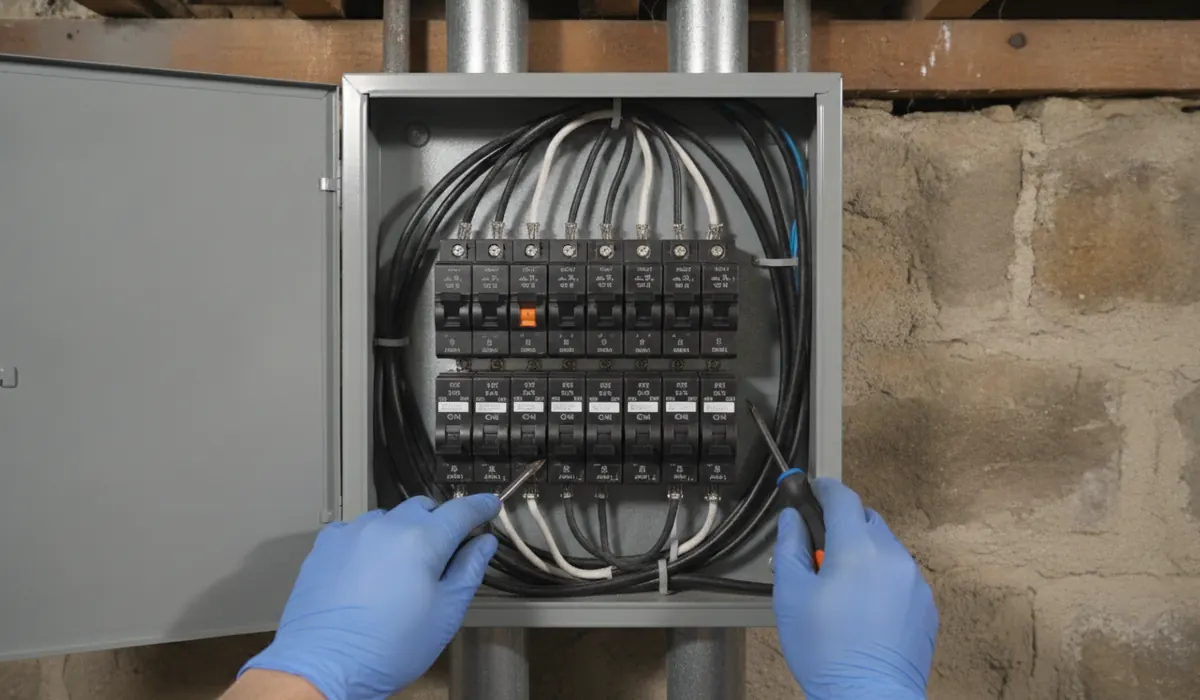 Close view of a tripped circuit breaker sitting in the middle position in a residential panel