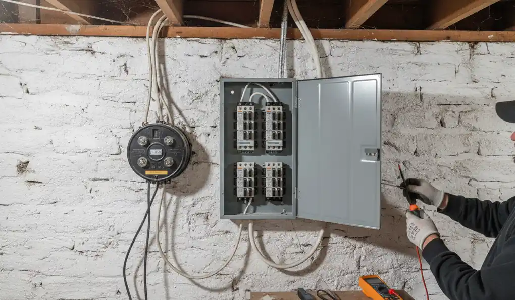 Old screw-in fuse box next to a newly installed breaker panel in an older Pennsylvania rowhome basement