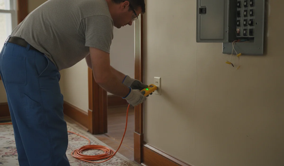 Electrician testing a wall outlet with a plug-in circuit tester in a plaster-walled Pennsylvania hallway