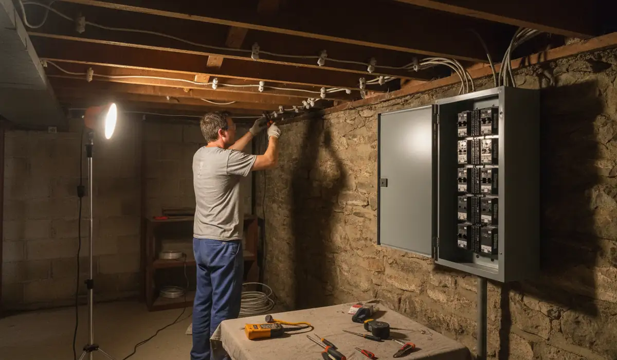 Old knob-and-tube wiring with porcelain insulators running along wooden joists in a Pennsylvania basement ceiling