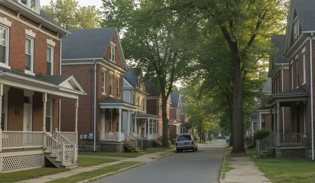 Brick and frame houses with front porches on a residential street in Hanover, Pennsylvania