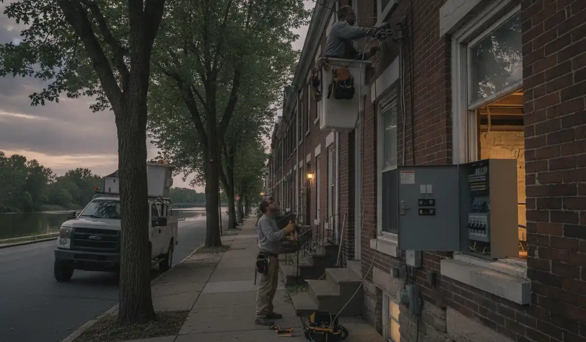 Brick rowhomes along a street near the Susquehanna River in Harrisburg, Pennsylvania