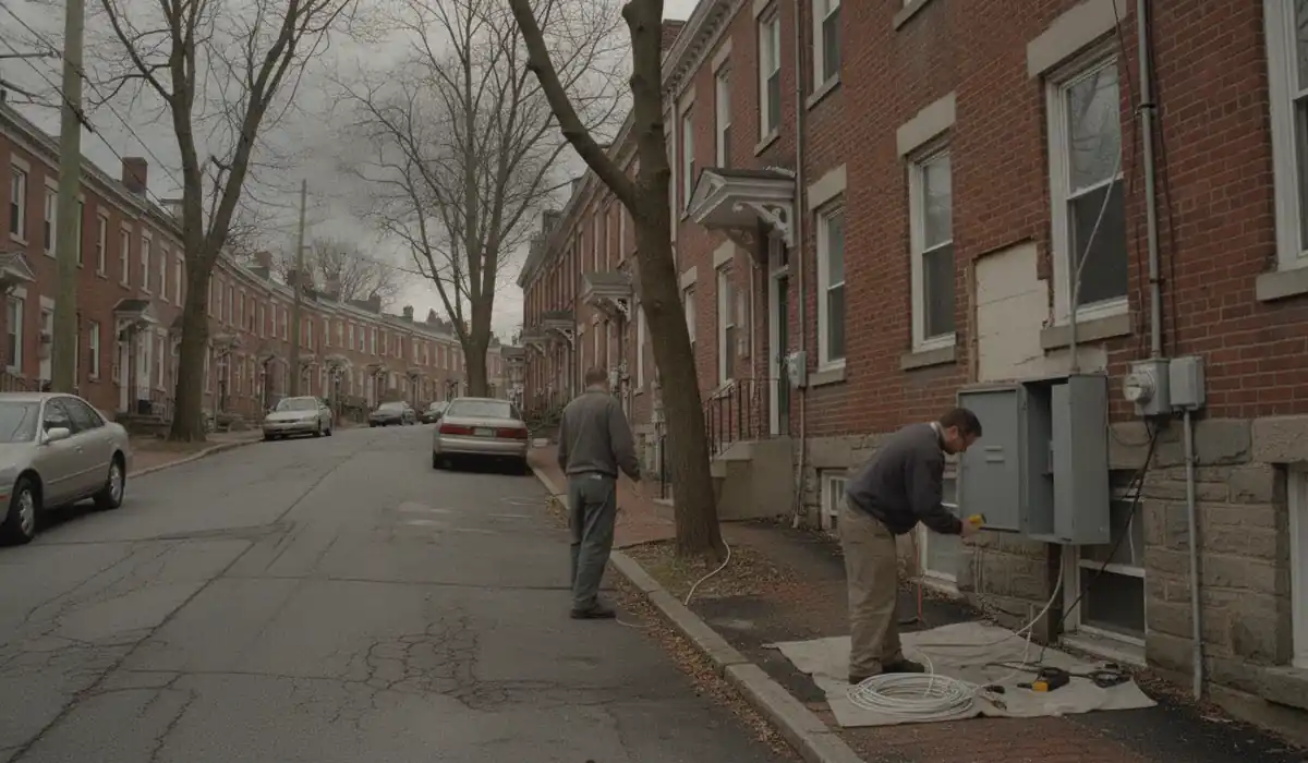 Long row of brick rowhomes on a hillside street in Reading, Pennsylvania