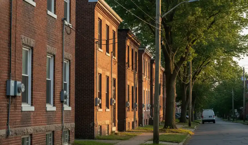 Row of brick rowhomes with overhead service drops and electric meters on a street in York, PA