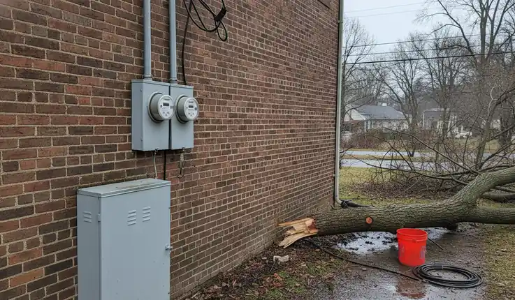 Electric meter and service mast on the side of a brick Pennsylvania rowhome after a storm