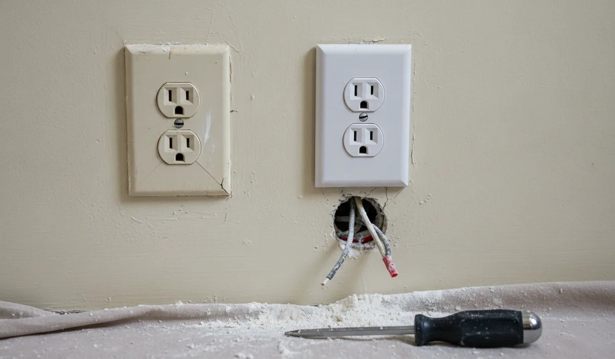 Old two-prong outlet next to a modern tamper-resistant outlet on a plaster wall